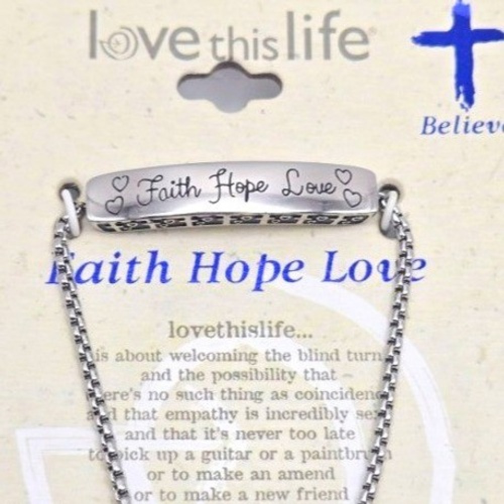 New Love This Life Silver Tone Bar Faith Hope Love Christian‎ Bracelet Stainless